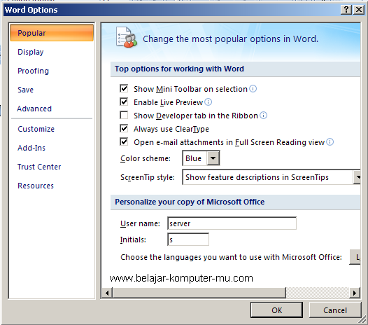 cara menampilkan menu setting options pada office 2007 - 2010