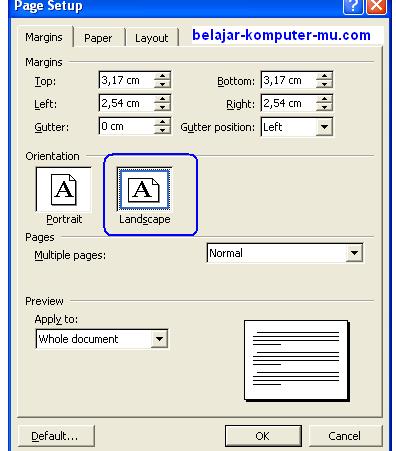 cara setting format kertas mendatar microsoft word xp 2003